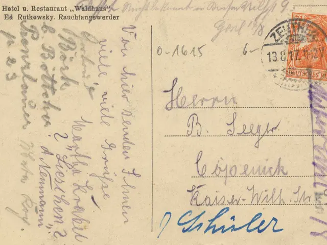 The image shows an old postcard with a stamp on it, which is an envelope addressed to a hotel in...