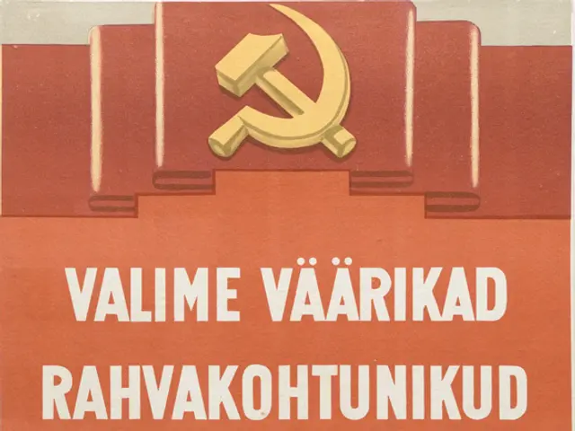 The image shows a Soviet propaganda poster with a hammer and sickle on it. The poster has text...