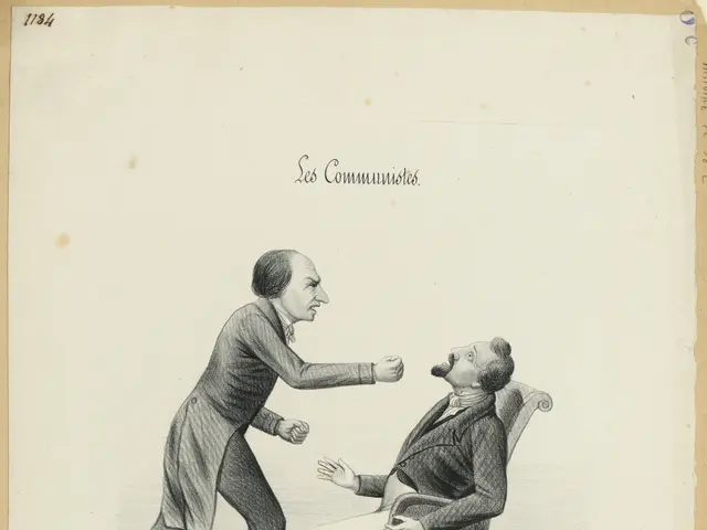 The image shows two men, one sitting in a chair and the other standing, engaged in a heated...