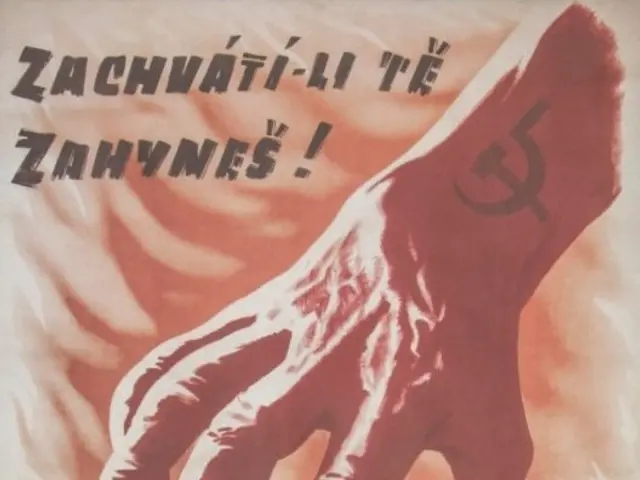 The image shows a Soviet propaganda poster with a hand holding a hammer and sickle in front of a...