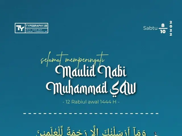 The image shows a poster of a mosque with the words "Maulid Nabi Muhammad Saw" written on it, set...