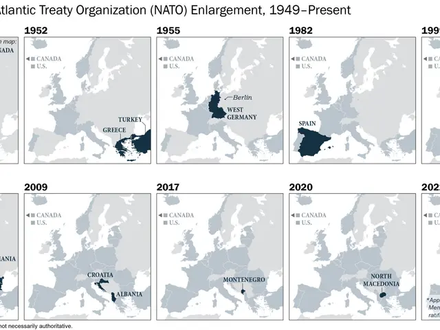 The image shows a map of the 73 years of the North Atlantic Treaty Organization (NATO) enlargement...