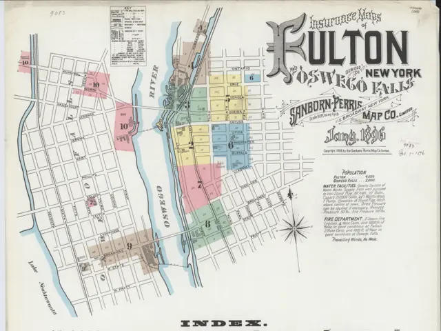 The image shows an old map of Fulton, New York from 1866. It is a detailed map with text written on...