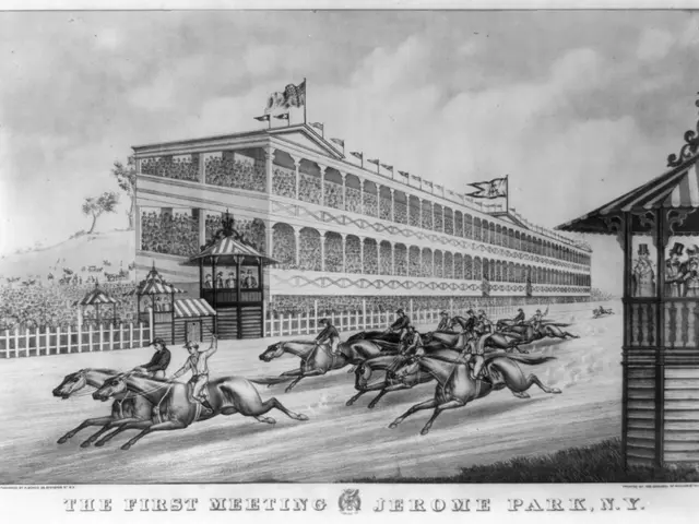 The image shows a black and white drawing of a horse race at Jerome Park in New York City. There...