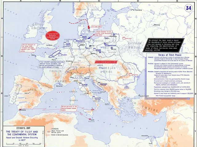 The image shows a poster of a map of Europe during the Treaty of Tilsit and the Continental System...