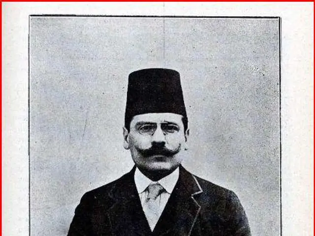 The image shows a black and white photo of Ahmad Nessimi Bey, the Minister of Commerce,...