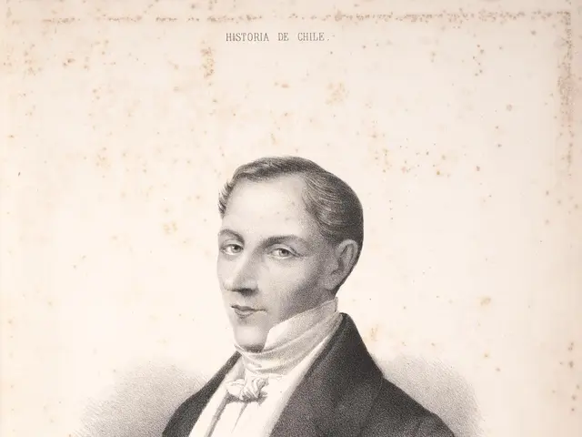 The image shows a black and white drawing of a man in a suit, identified as Diego Portales, the...