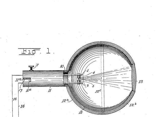 The image shows a patent drawing of a machine with a circular object on it. The drawing is on a...