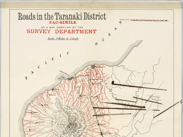 The image shows a paper with a map of the Taranaki District, with roads in the district clearly...