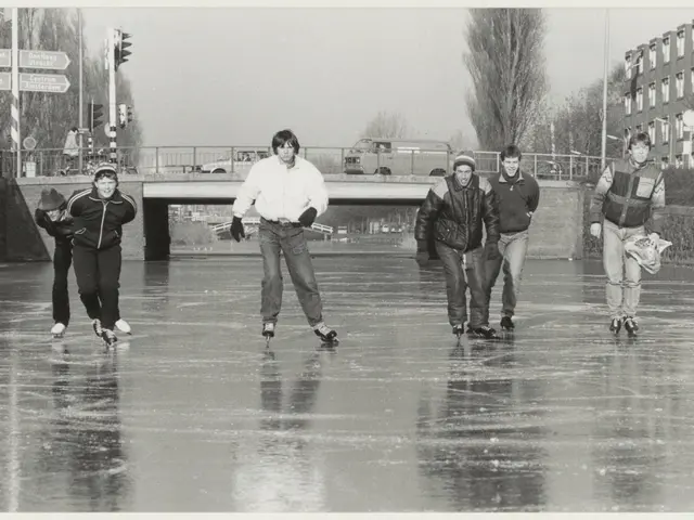 The image shows a group of people skating on top of a frozen lake, with a bridge in the background,...
