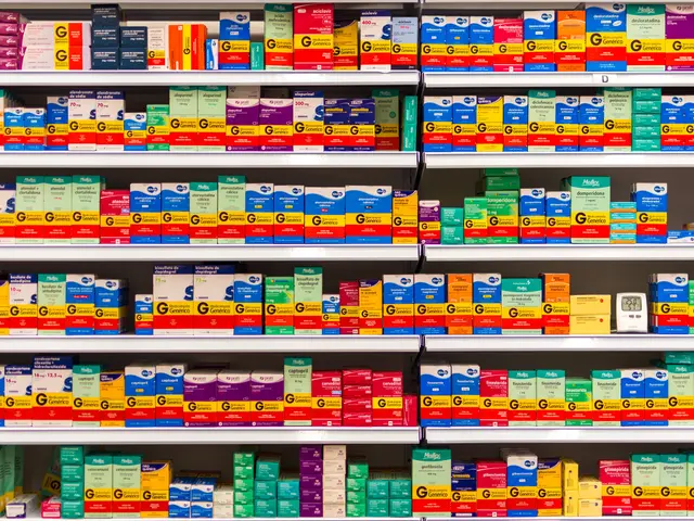 The image shows a pharmacy shelf filled with lots of different types of medicines, including boxes...