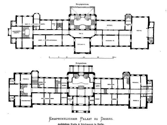 The image shows a black and white drawing of a floor plan of a building with a lot of rooms, which...