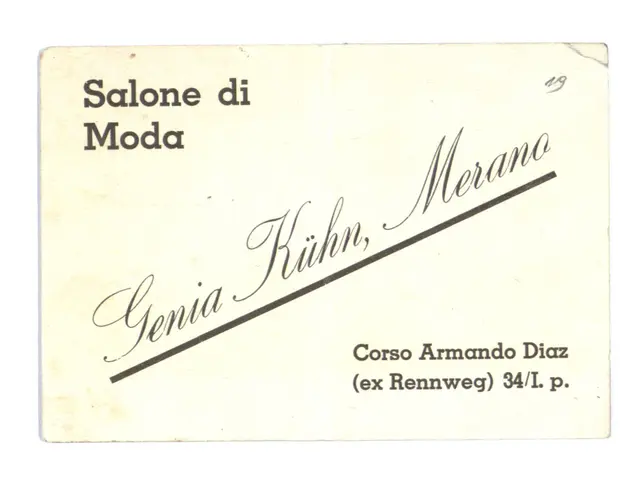 The image shows an old business card with the words "Salone di Moda" written on it against a white...