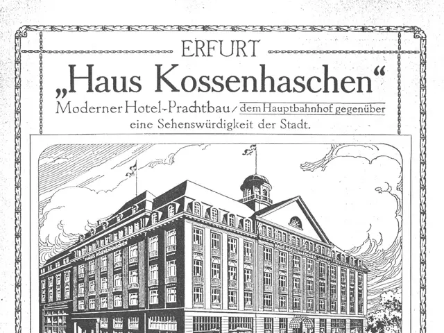 The image shows an old advertisement for a hotel in Germany, featuring a picture of a building with...