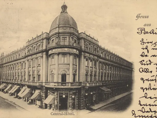 The image shows an old postcard of the Central Hotel in Berlin, Germany. It is a black and white...