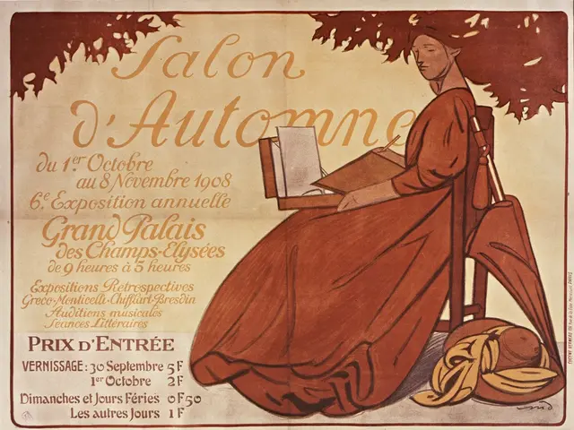 The image shows a poster advertising a salon d'automne, featuring a woman sitting on a chair with a...