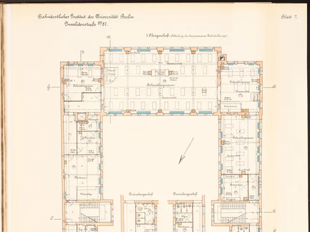 The image shows an old book with a drawing of a floor plan of a building, which is believed to be...