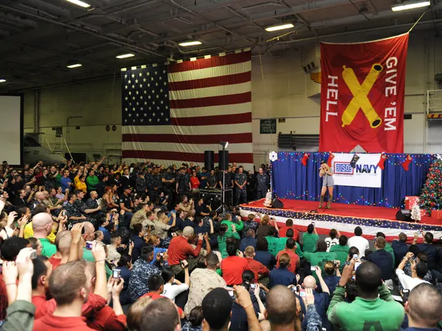 The image shows a large crowd of people standing in front of a stage, with a woman standing on it...