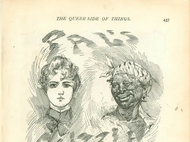 The image shows an old book with a drawing of four women's faces on it, each with a human face. The...