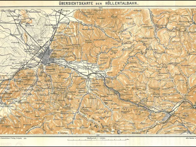The image shows an old map of the city of Höllentalbahn, Germany, with a black border around it....