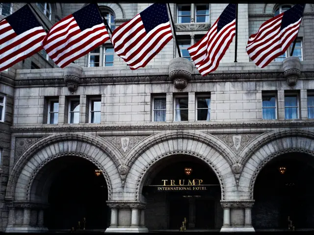The image shows the Trump International Hotel in New York City, with its windows, arches, pillars,...