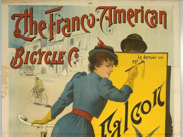 The image shows a poster advertising the Franco-American Bicycle Co. with a woman standing next to...