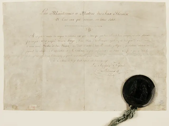 The image shows an old document with a wax seal on it. The document appears to be a contract, with...