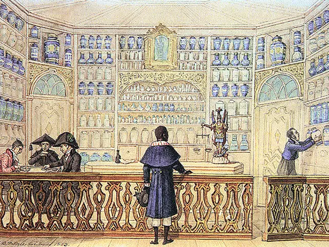 The image shows a painting of a pharmacy with a group of people standing in front of a counter. On...