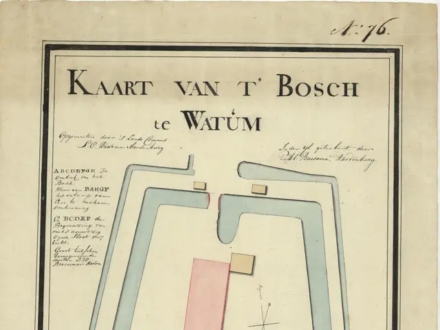 The image shows a paper with a map of the city of Kaart van T Bosch, with text written on it. The...