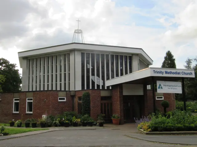 The image shows Trinity Methodist Church in Stoke-on-Trent, Staffordshire. It is a building with...