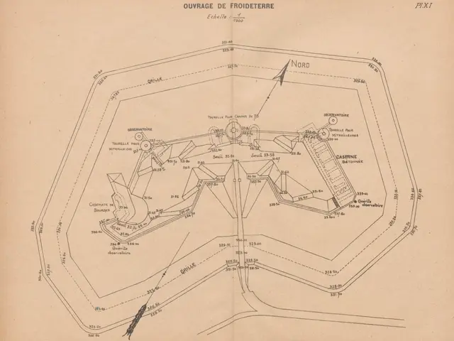 The image shows an old book with a drawing of a map on it. The map is detailed and shows the...