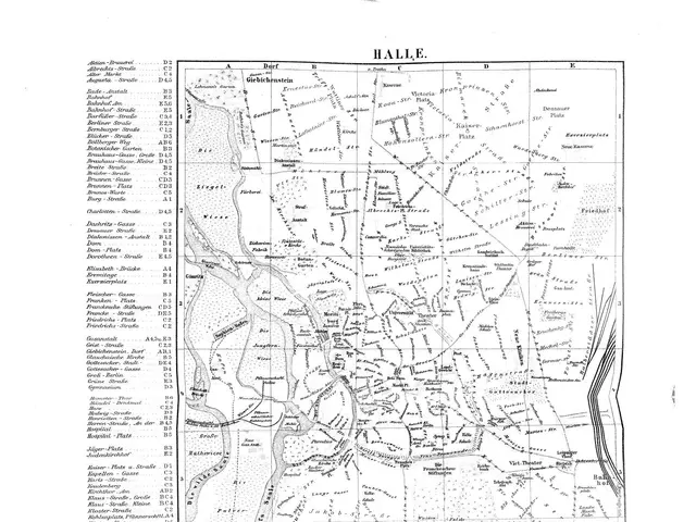 The image shows a black and white map of the city of Halle, Germany. It is a detailed map with text...