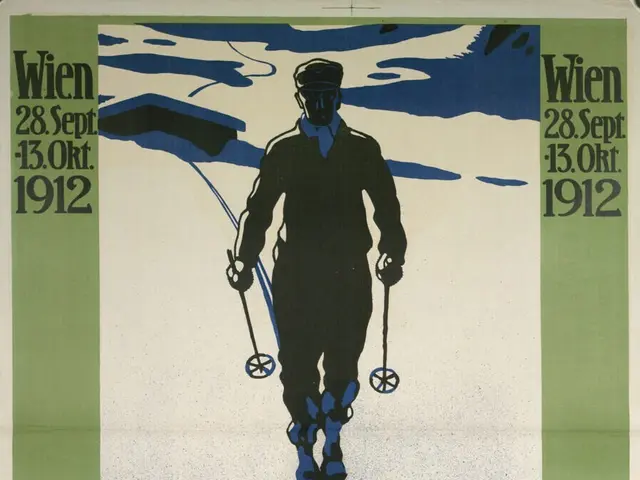 The image shows a poster for the Internationale Winter Sport Ausstellung in 1912, depicting a...