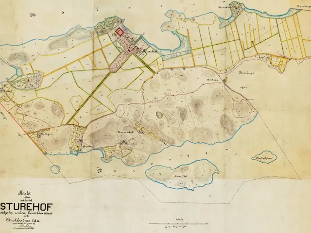 The image shows an old map of the city of Sturehof, with text written on it. The map is detailed,...