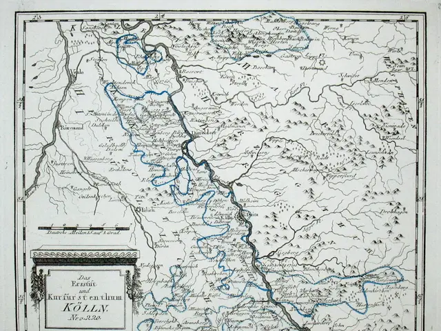 The image shows an old map of the Rhine River in Germany, with text written on it. The map is...