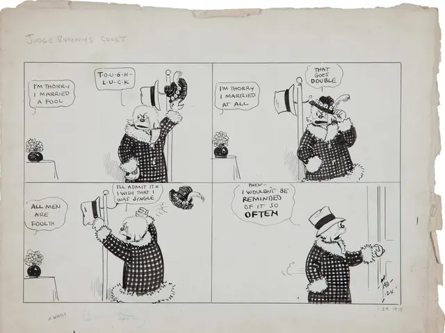 The image shows a page from a comic strip with a cartoon of a man in a top hat and a woman in a...