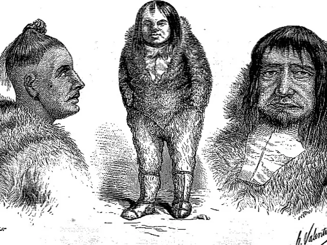 The image shows a black and white drawing of three Native American Indians standing next to each...