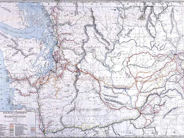 The image shows a poster with a map of the United States of America, depicting the railroad...