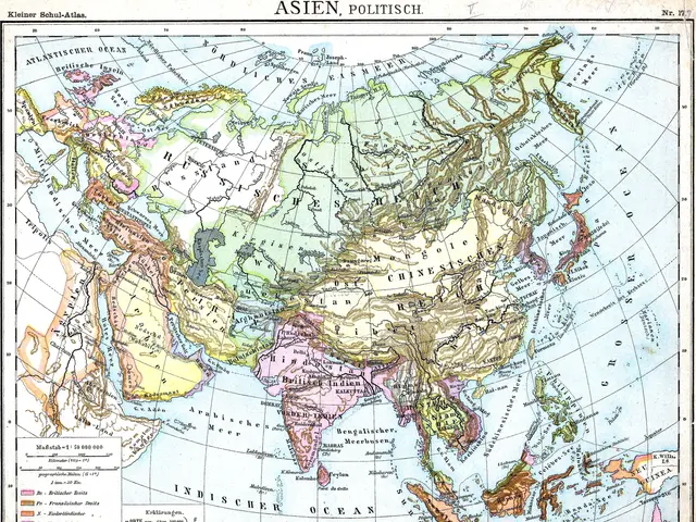 The image shows an old map of the Asian political system, with text at the top and bottom of the...