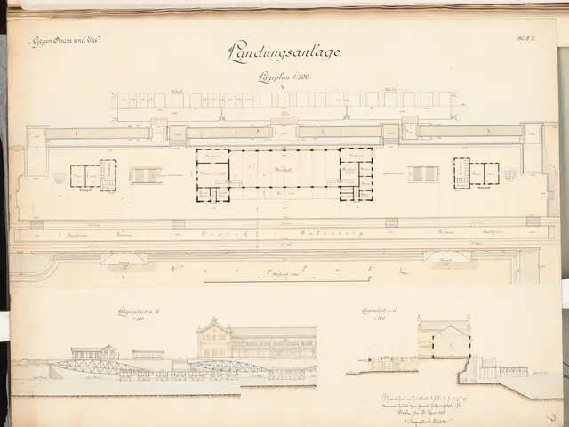 The image shows an old book with a drawing of a building on it. The building is the Landungsanlage,...