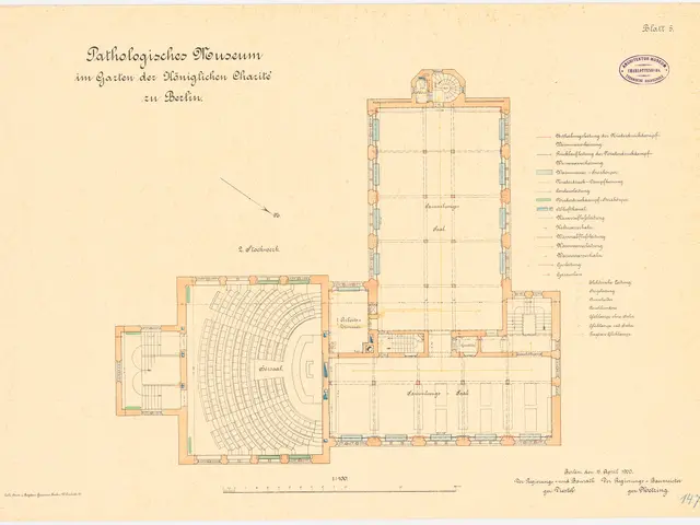 The image shows a drawing of a floor plan of a building with a lot of rooms, labeled as the...
