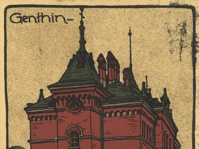 The image shows a red building with a clock tower in the middle of it, surrounded by trees and a...