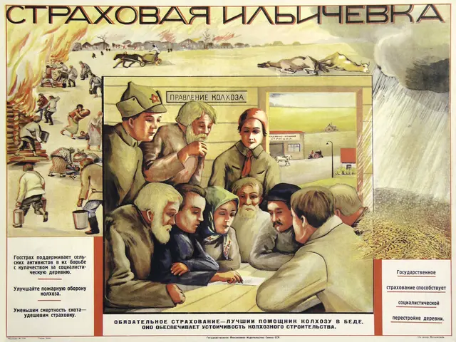 The image shows a Soviet propaganda poster for the Soviet Union depicting a group of people in a...