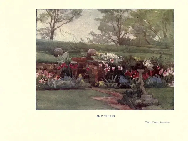 The image shows a painting of a garden with tulips in the foreground, surrounded by lush green...
