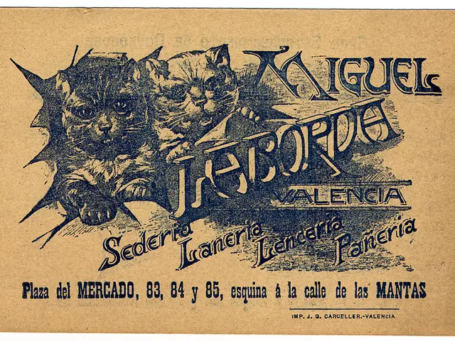 The image shows an old business card with a picture of two cats on it. The card has text written on...