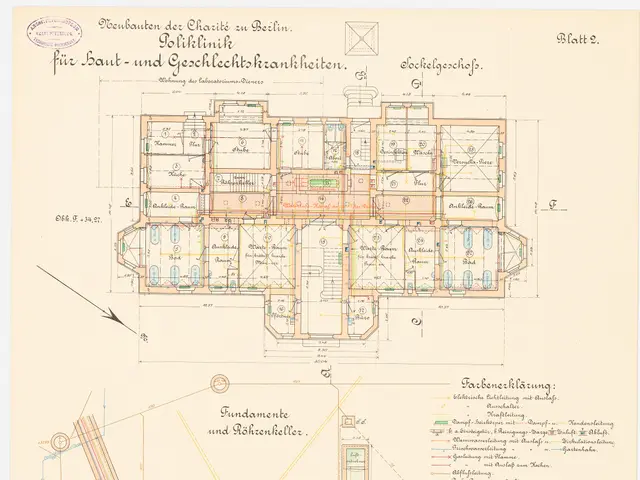 The image shows a drawing of a floor plan of a building with a lot of rooms, which is believed to...