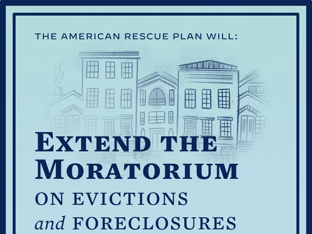 The image shows a poster with a picture of a building and text that reads "Extend the Moratorium on...