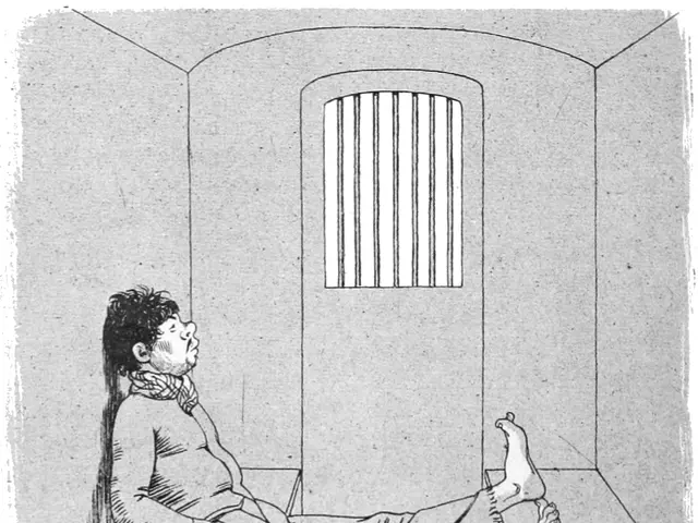 The image shows a man sitting on the floor in a jail cell, with a pair of footwear beside him. The...