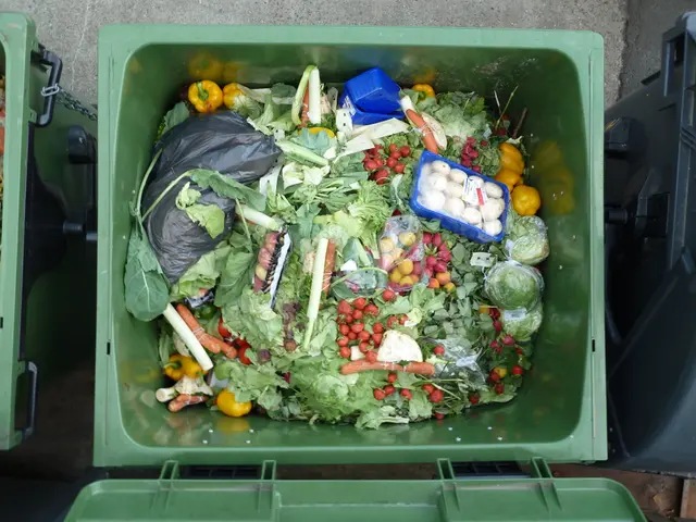 The image shows a green recycling bin filled with a variety of vegetables and fruits. The bin is...