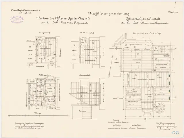 The image shows a drawing of a building with a lot of plans on it, which is the floor plan of the...